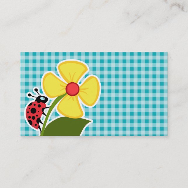 Tarjeta De Visita Ladybug y Flower sobre el Gingham azul-verde (Anverso)