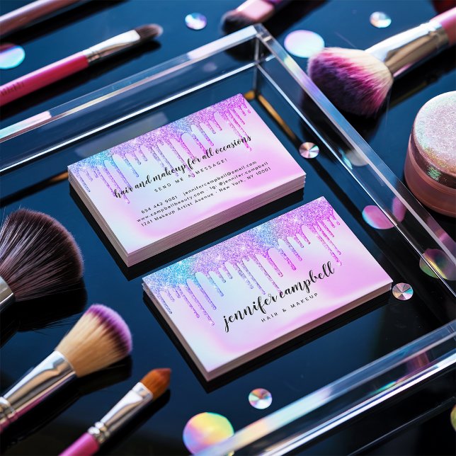 Tarjeta De Visita Láminas de purpurina rosa de maquillaje de unicorn (Holographic unicorn makeup hair pink glitter drips)