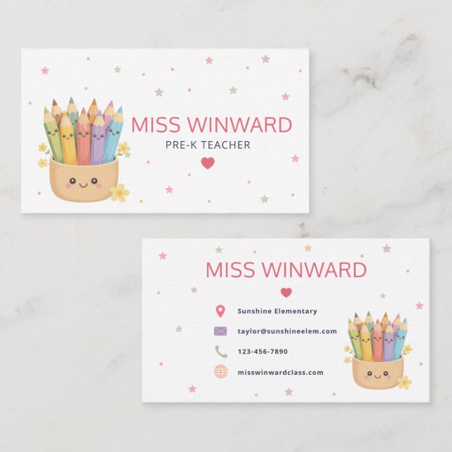 Tarjeta De Visita Lápiz Adorable Pastel Profesor (Anverso / Reverso)