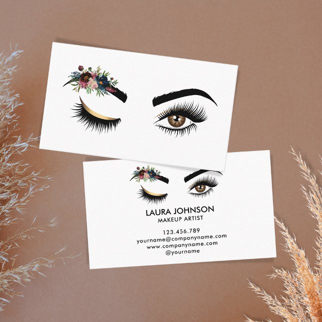 Tarjeta De Visita Largas pestañas Hermosos Ojos con Flores de acuare (Subido por el creador)
