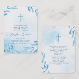 Tarjeta De Visita Las hojas y cruz de color azul de la comunión
