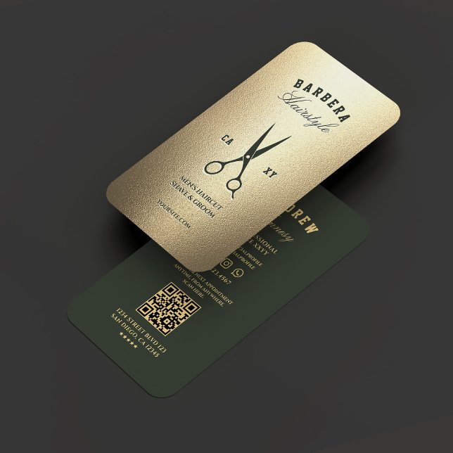 Tarjeta De Visita Las modernas tijeras verdes barberinas elegantes d (Modern Barber Green Scissors Elegant Gold Business Card
)