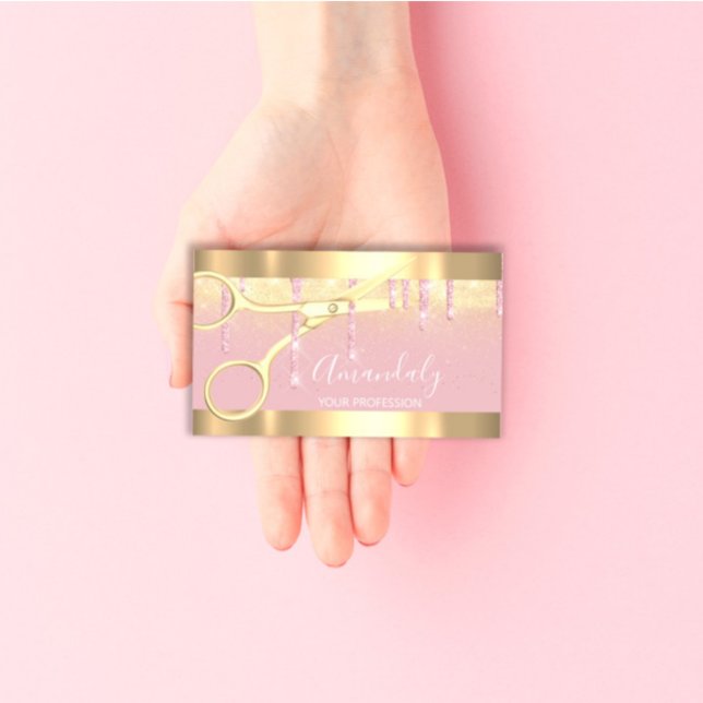 Tarjeta De Visita Las tijeras modernas de peluquería deslizan Rubor  (Modern Hairdresser Scissors Drips Gold Pink Blush Business Card)