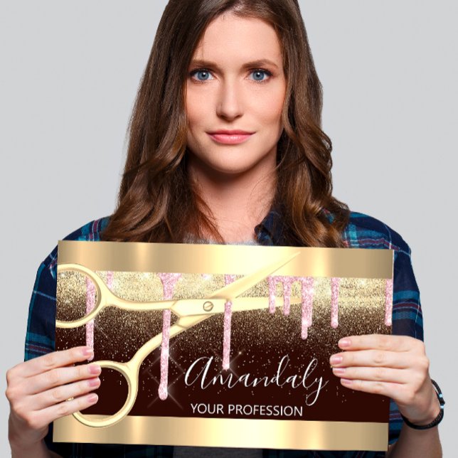 Tarjeta De Visita Las tijeras modernas de peluquero gotean sobre neg (Modern Hairdresser Scissors Drips Gold Pink Black Business Card)
