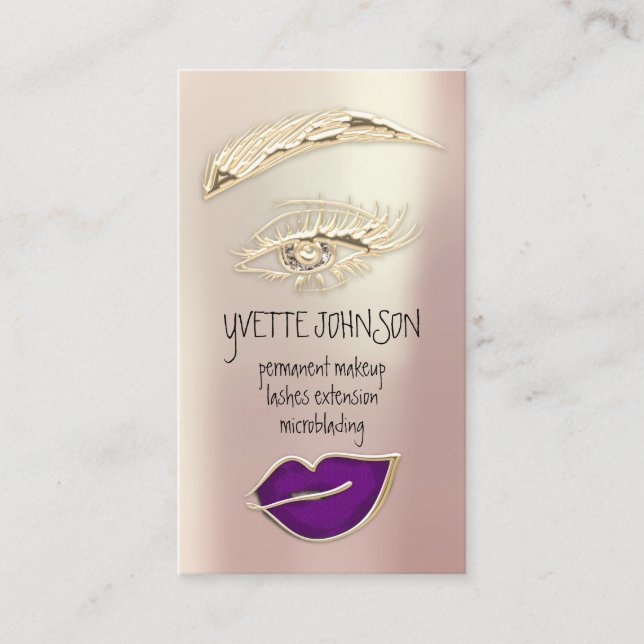 Tarjeta De Visita Lash Brow Maquillaje Permanente QRCode Oro Púrpura (Anverso)