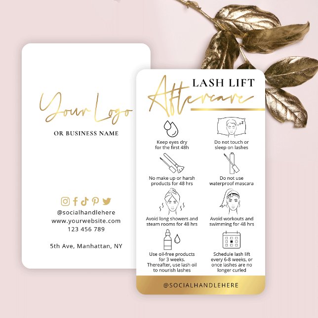Tarjeta De Visita Lash Lift & Tint Afcare Guide White & Gold (Subido por el creador)