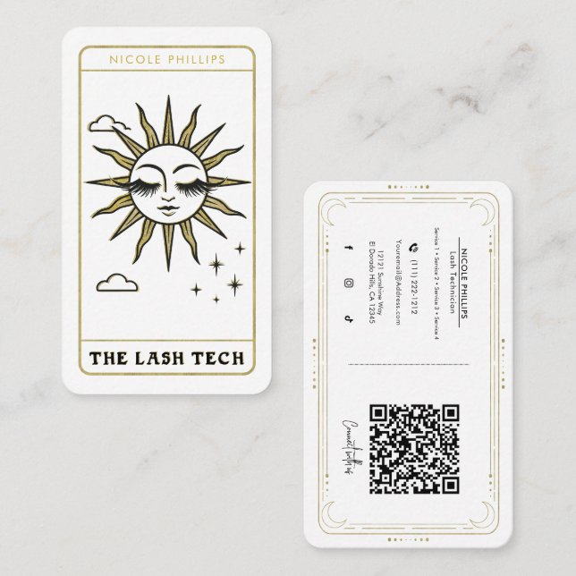 Tarjeta De Visita Lash Tech Dramático Sol Tarot Código QR de Redes S (Anverso / Reverso)