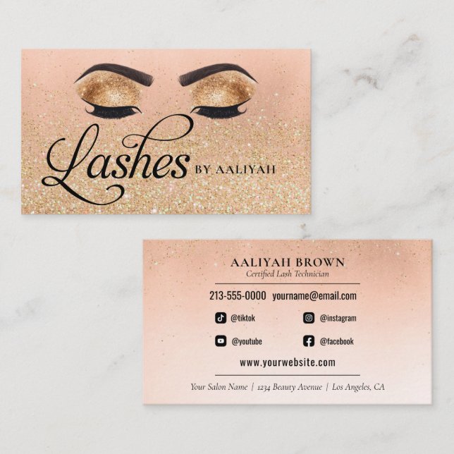 Tarjeta De Visita Lash Tech Gold Glam Purpurina Ojos Salón De Bellez (Anverso / Reverso)