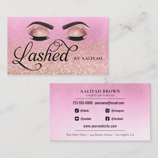 Tarjeta De Visita Lash Tech Pink Glam Gold Purpurina Eyes (Anverso / Reverso)