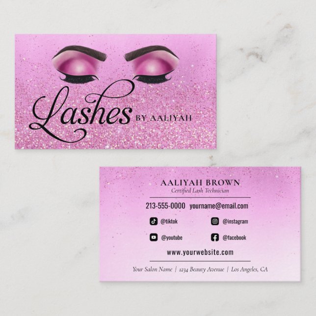 Tarjeta De Visita Lash Tech Pink Glam Purpurina Ojos Salón De Lujo (Anverso / Reverso)