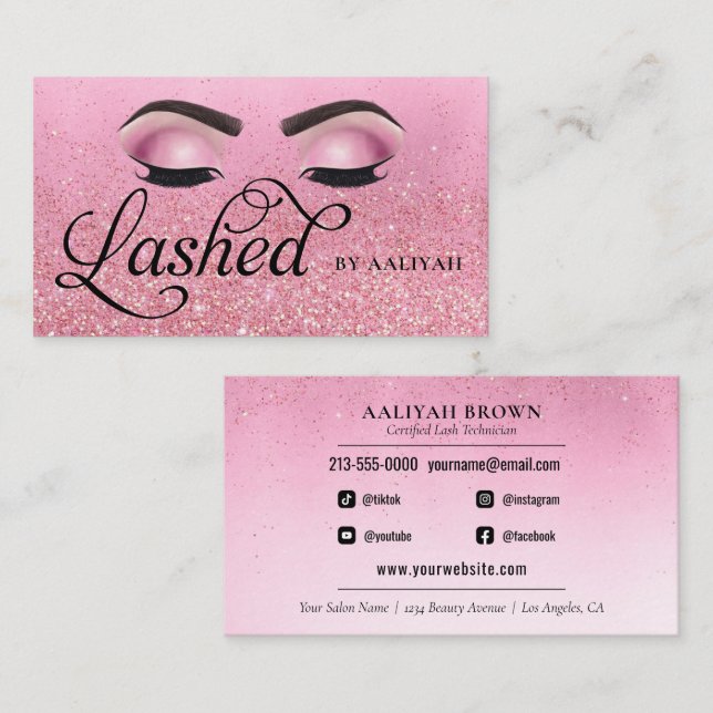 Tarjeta De Visita Lash Tech Rosa Red Pink Glam Purpurina Eyes (Anverso / Reverso)