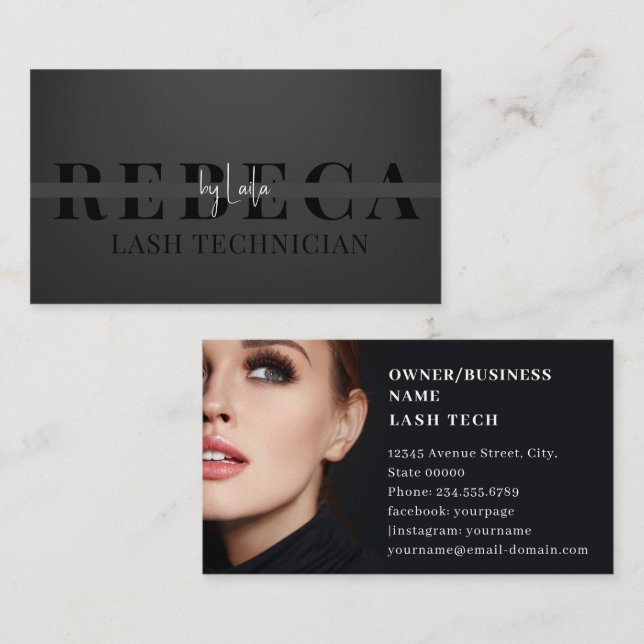 Tarjeta De Visita Lash Tech Salon Photo Black Luxury (Anverso / Reverso)
