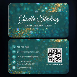 Tarjeta De Visita Lash Tech Verde Dorado Código QR Profesional