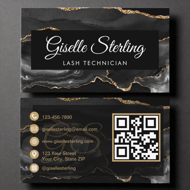 Tarjeta De Visita Lash Technician QR Code Black Gold Agate Luxury (Subido por el creador)