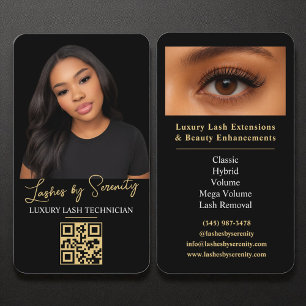 Tarjeta De Visita Lash Technician QR Code Black Gold Beauty