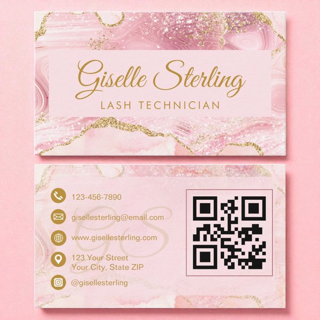 Tarjeta De Visita Lash Technician Rubor Pink Gold Agate QR Code (Subido por el creador)