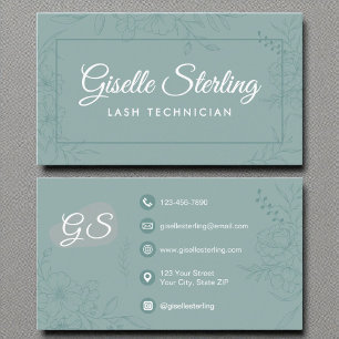Tarjeta De Visita Lash Technician Verde azulado Floral Line Art Scri