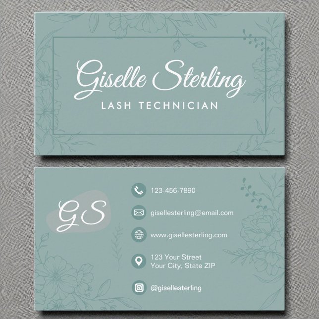 Tarjeta De Visita Lash Technician Verde azulado Floral Line Art Scri (Subido por el creador)