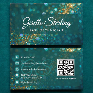 Tarjeta De Visita Lash Technician Verde azulado Gold Purpurina QR Co