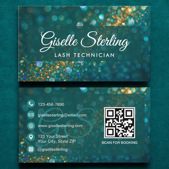 Tarjeta De Visita Lash Technician Verde azulado Gold Purpurina QR Co (Subido por el creador)