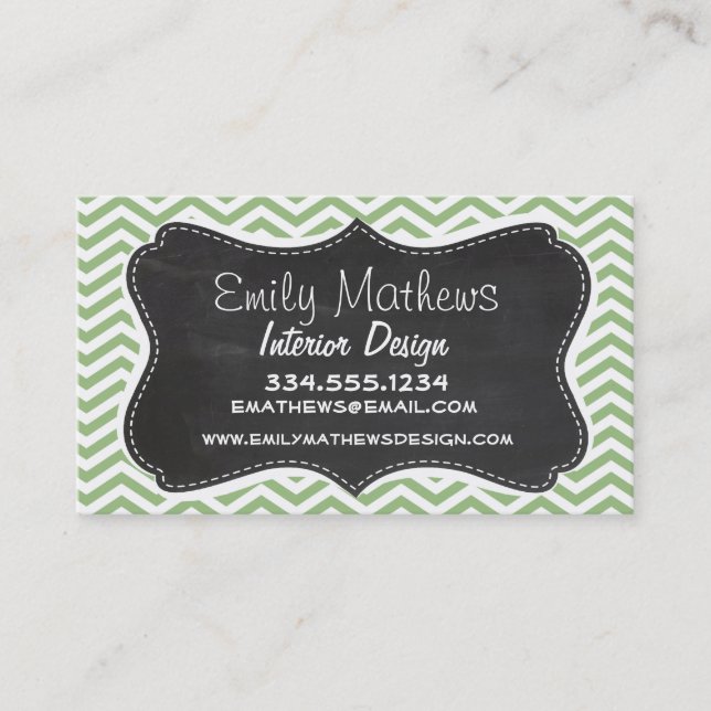 Tarjeta De Visita Laurel Green Chevron Stripes; Chalkboard look (Anverso)