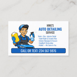 Tarjeta De Visita Lavado de Auto Azul Hombre Dibujos Animados QR Det