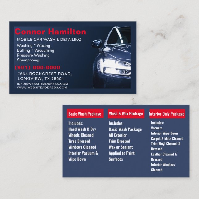 Tarjeta De Visita Lavado de coche móvil Detailing Presión Lavadora B (Anverso / Reverso)