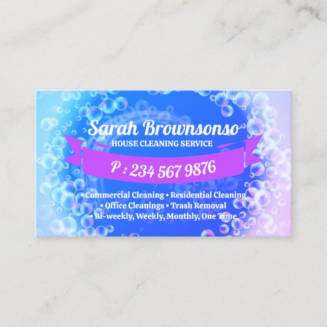 Tarjeta De Visita Lavado de las burbujas azul morado (Anverso)
