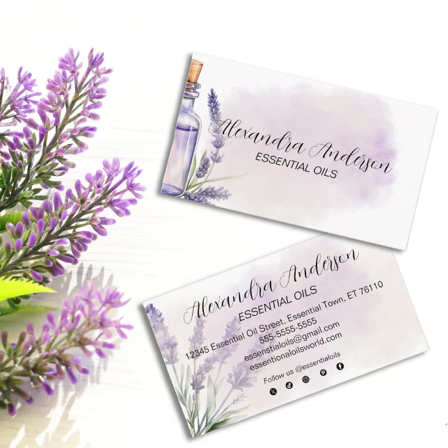 Tarjeta De Visita Lavender Aceites Esenciales Agua Floral Púrpura (Lavender Essential Oils Purple Floral Watercolor Business Card)