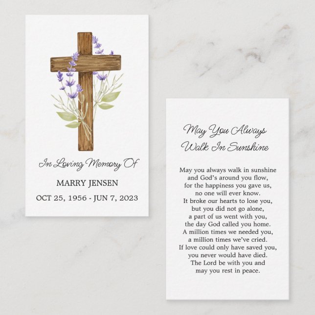 Tarjeta De Visita Lavender Cross Memorial Funeral Prayer Card (Anverso / Reverso)