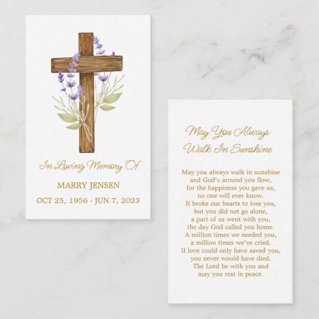 Tarjeta De Visita Lavender Cross Memorial Funeral Prayer Card (Anverso / Reverso)