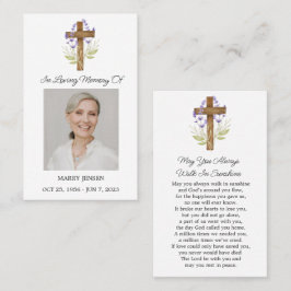 Tarjeta De Visita Lavender Cross Memorial Photo Funeral Prayer Card