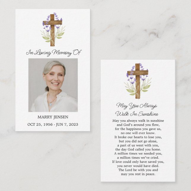 Tarjeta De Visita Lavender Cross Memorial Photo Funeral Prayer Card (Anverso / Reverso)