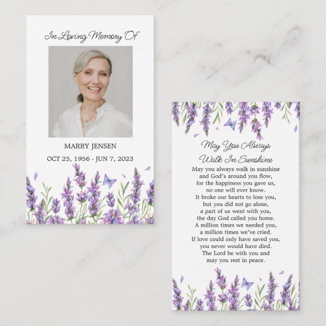 Tarjeta De Visita Lavender Memorial Photo Funeral Prayer Card (Anverso / Reverso)