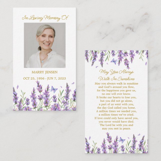 Tarjeta De Visita Lavender Memorial Photo Funeral Prayer Card (Anverso / Reverso)
