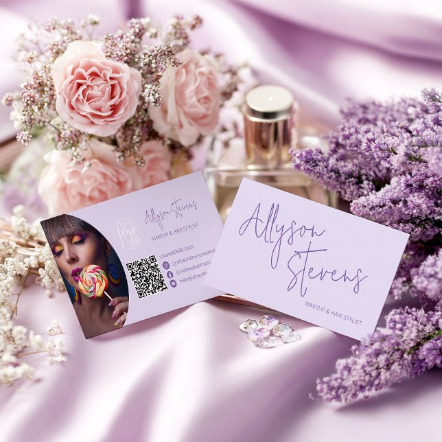 Tarjeta De Visita Lavender Modern name script makeup hair logo qr (Lavender Modern name script makeup hair logo qr Business Card)