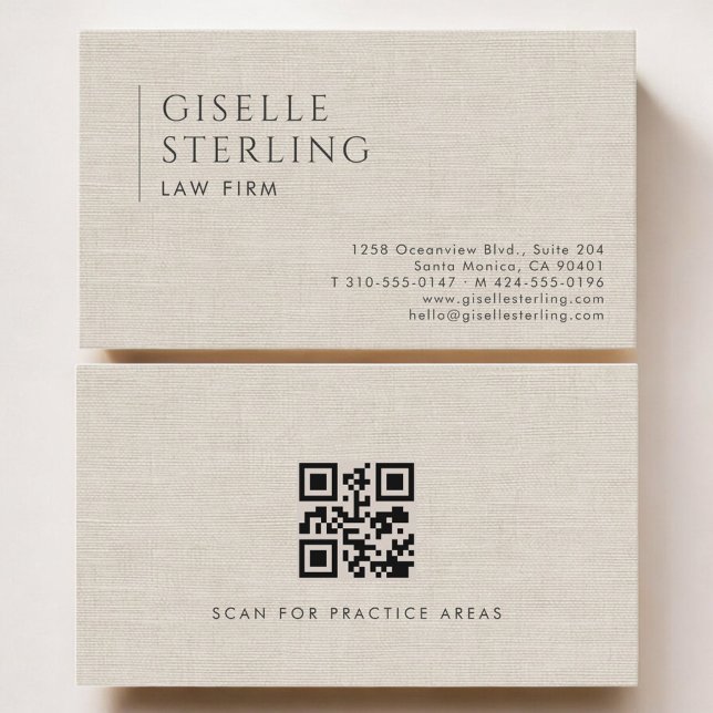 Tarjeta De Visita Law Firm Luxury Neutral Linen QR Code (Subido por el creador)