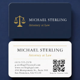 Tarjeta De Visita Law Firm Navy Blue Gold QR Code Professional