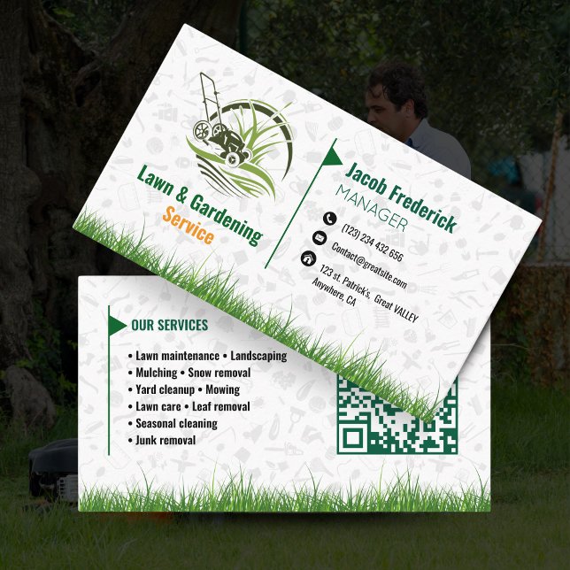 Tarjeta De Visita Lawn Care & Landscaping Business Card – Green & Wh (Lawn Care & Landscaping Business Card – Green & White with QR CODE )