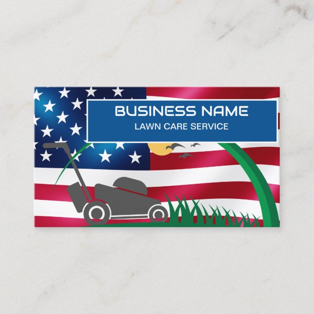 Tarjeta De Visita Lawn Care & Landscaping Riding Mower USA Flag Busi (Anverso)