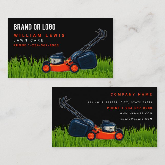 Tarjeta De Visita Lawn Care Red Lawnmower Landscaping Mowing Logo (Anverso / Reverso)