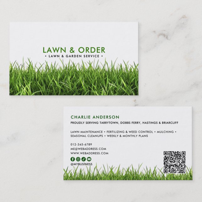 Tarjeta De Visita Lawn/Garden Service Green Grass QR Code & Socials (Anverso / Reverso)