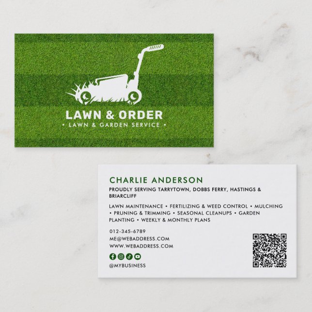 Tarjeta De Visita Lawn/Garden Service Green Grass QR Code & Socials (Anverso / Reverso)