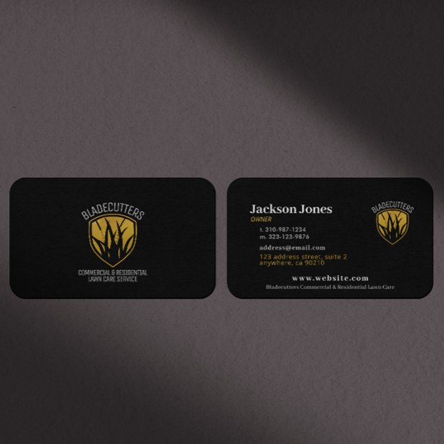 Tarjeta De Visita Lawn Mower Gold Grass Emblem Black Business Cards (Subido por el creador)