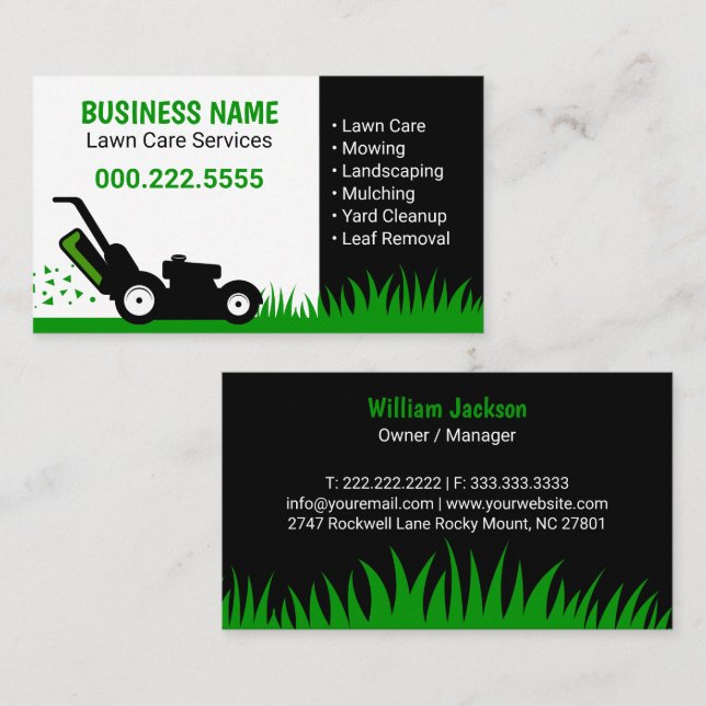 Tarjeta De Visita Lawn Mower Grass Professional Green (Anverso / Reverso)