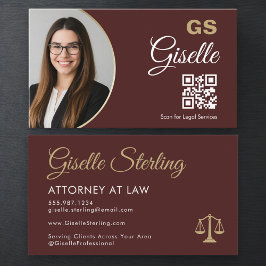Tarjeta De Visita Lawyer Burgundy Gold Scales of Justice Photo