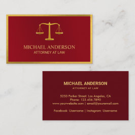 Tarjeta De Visita Lawyer Gold Justice Scale Elegant Dark Red