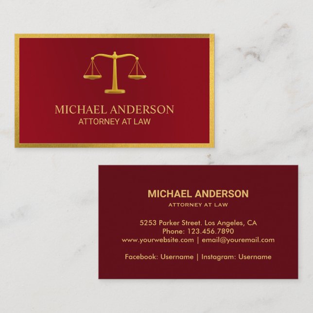Tarjeta De Visita Lawyer Gold Justice Scale Elegant Dark Red (Anverso / Reverso)