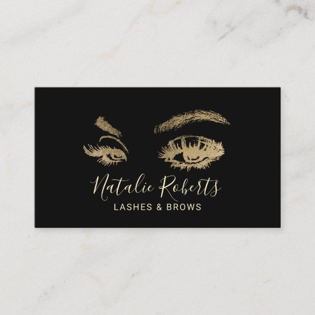 Tarjeta De Visita Lazas Eyelash Makeup Artista Moderno Negro & Oro (Anverso)