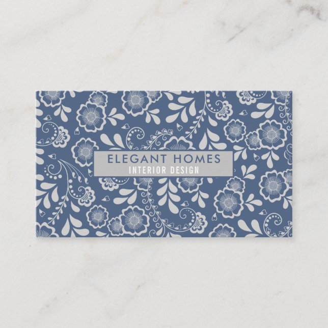 Tarjeta De Visita Lazo floral azul plata y francés (Anverso)